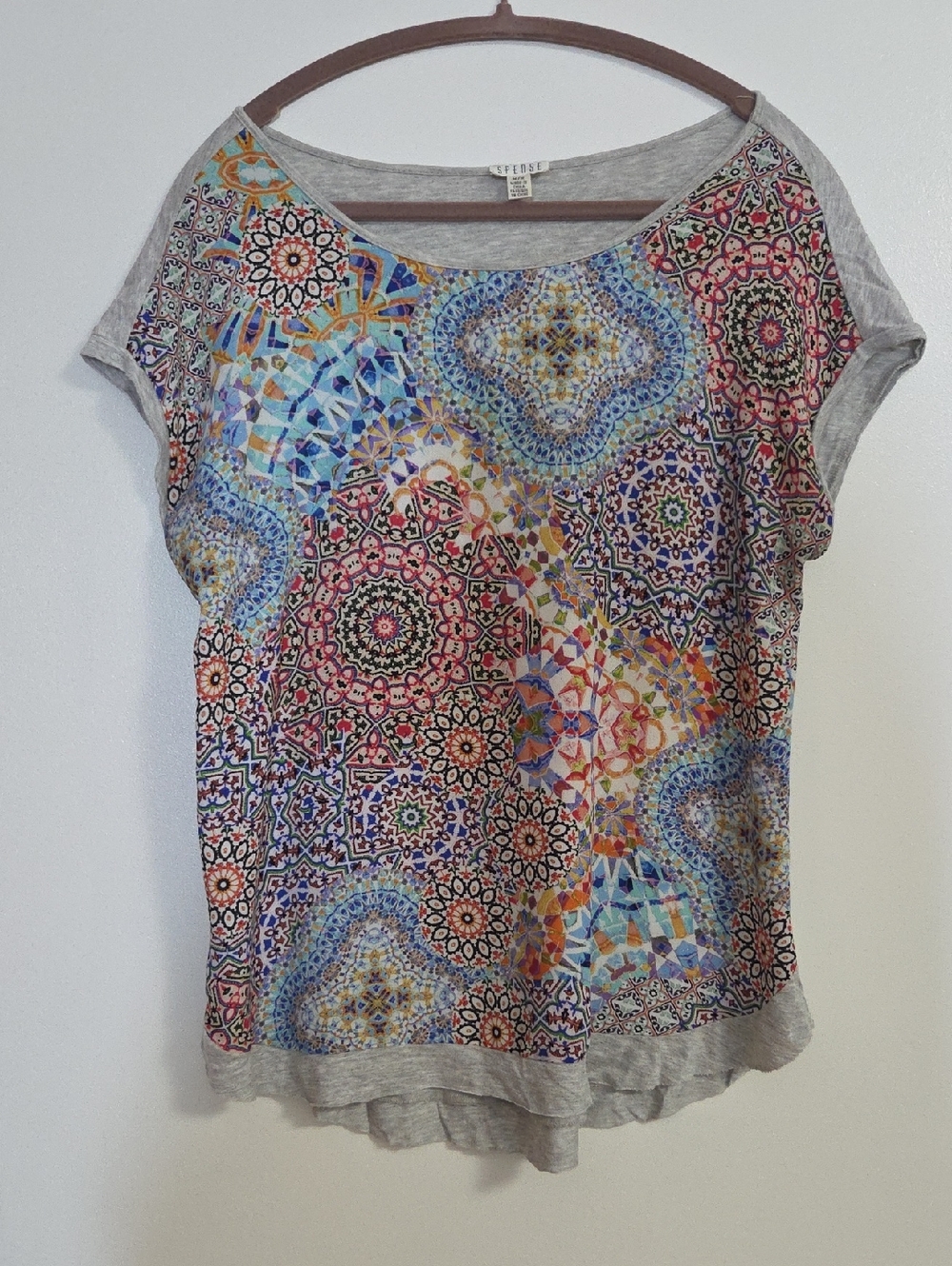 Spense Multicolor Mosaic Short Sleeve Tunic with Gray Back & Trim Medium